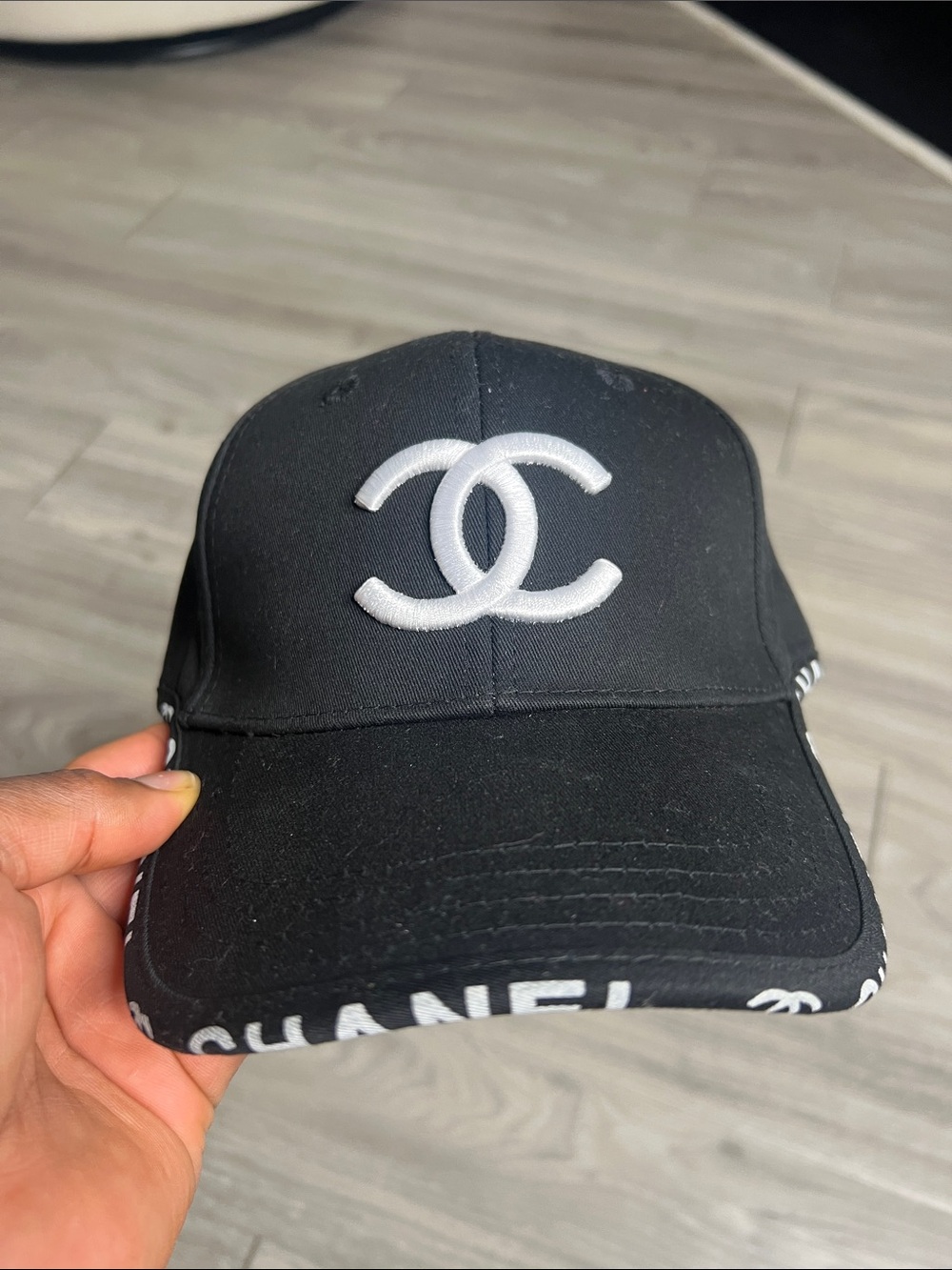 CHANEL Black Baseball Cap with White CC Logo and Brim Lettering